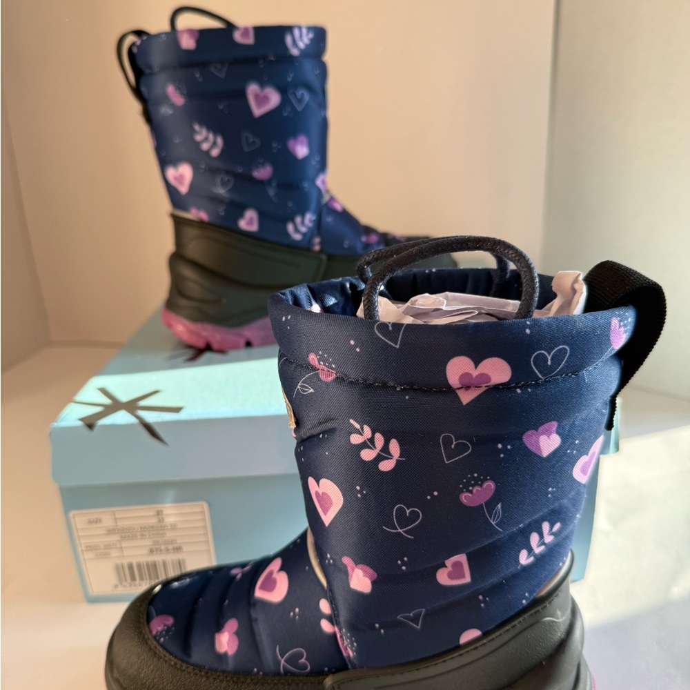 Kids' Heart Print Boots - Navy and Pink